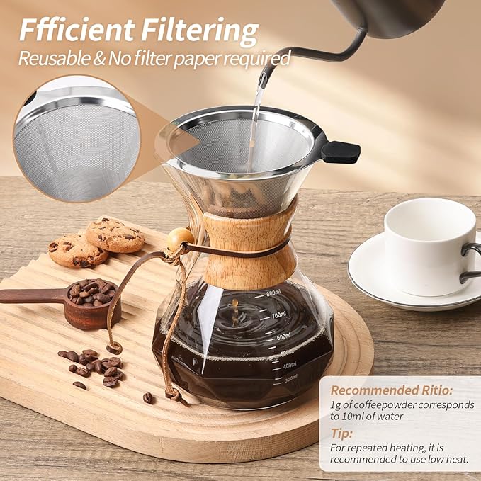 Pour Over Coffee Maker 27 OZ, 8 Cup Borosilicate Glass Drip Coffee Maker with Reusable Stainless Steel Filter and Cork Grip for Home Caf챕 800 ML (Diamond Shape)