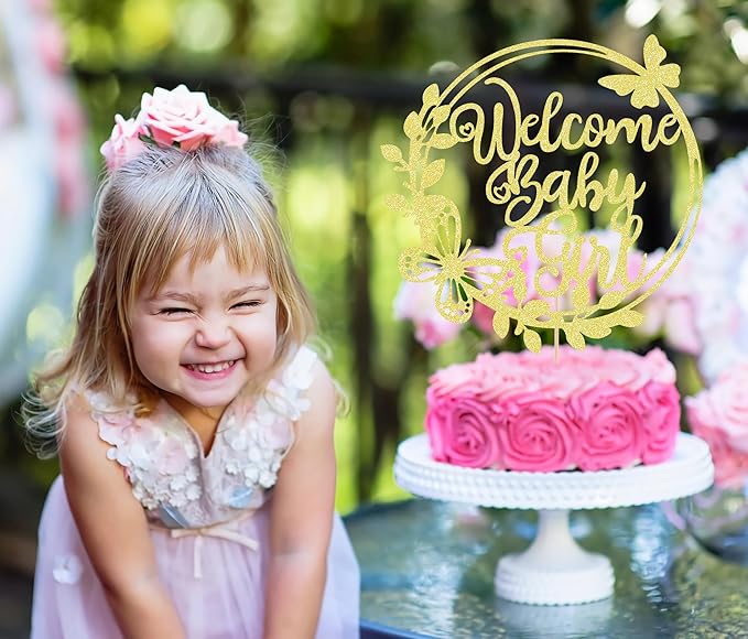 Welcome Baby Girl Cake Topper - Rose Gold Glitter Baby Shower Cake Decorations, Baby Girl Cake Topper, for Baby Shower/Birthday Party/Gender Reveal Party Photo Booth Props (Gold)