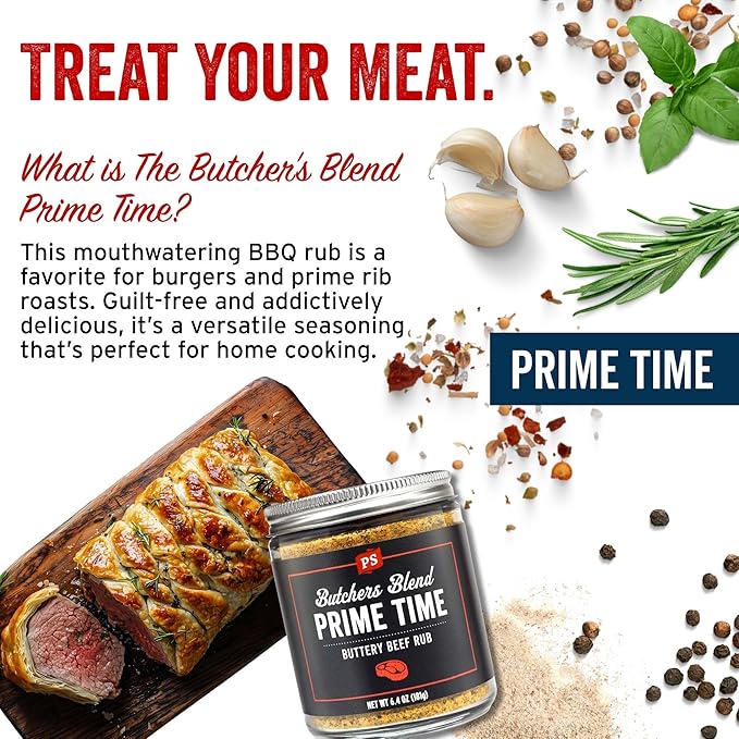 PS Seasoning Prime Time Butchers Blend - Buttery Garlic and Herb BBQ Seasoning & Beef Rub for Smoking, Grilling or Baking - Dry BBQ Rubs and Spices for Grilling Steaks, Pork, Chicken, Beef Prime Cuts