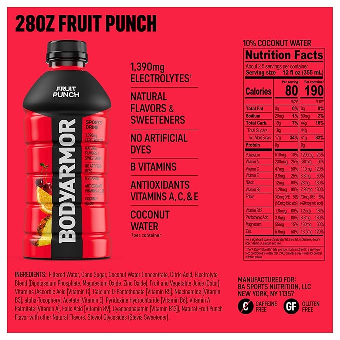 BODYARMOR Sports Drink Sports Beverage, Fruit Punch, Coconut Water Hydration, Natural Flavors With Vitamins, Potassium-Packed Electrolytes, Perfect For Athletes, 28 Fl Oz (Pack of 15)