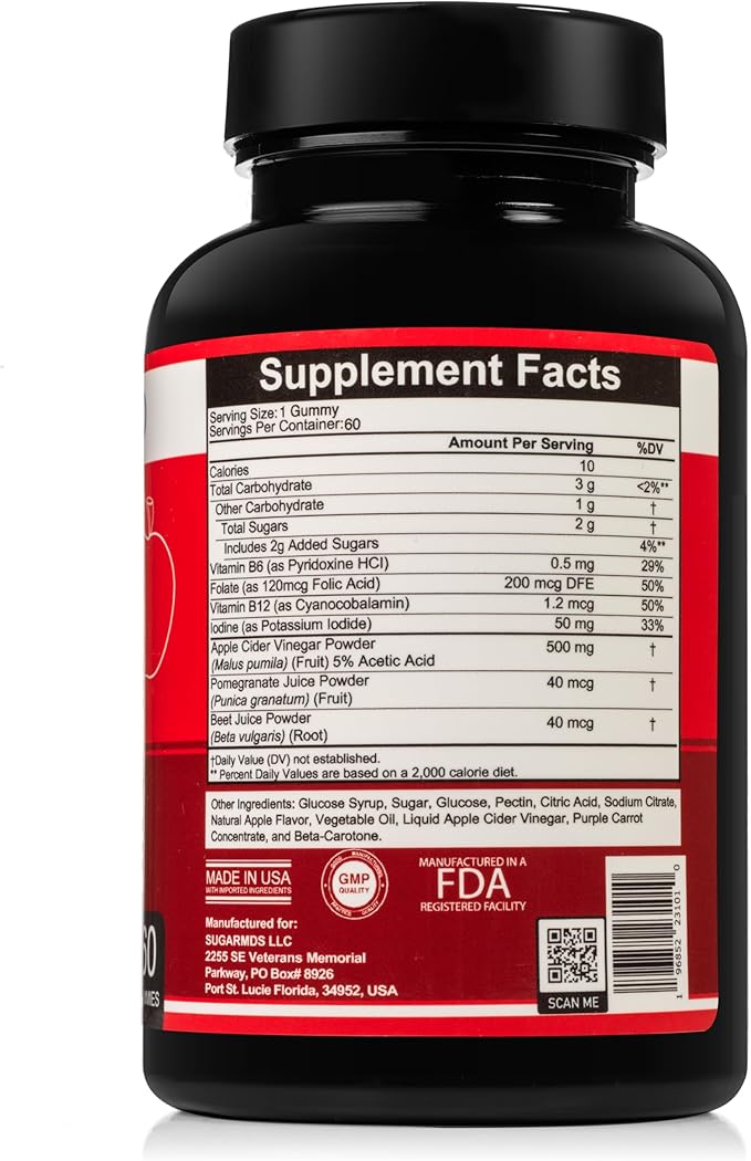 SugarMD Apple Cider Vinegar 60 Gummies - Vitamin B6 & B12-500mg Apple Cider Vinegar Supplement from Raw, Unfiltered, & Unpasteurized Apples - Vegan & Halal