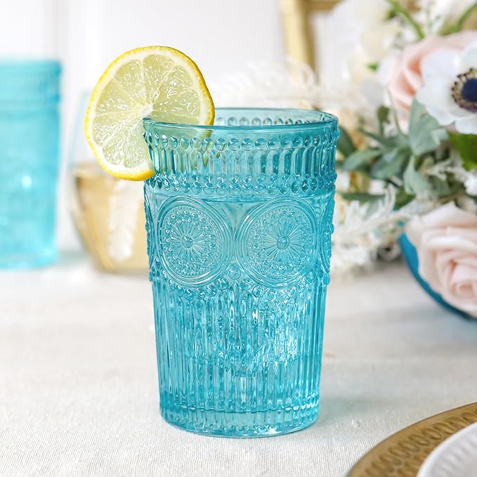 Vintage Textured Aqua Blue Striped Drinking Glasses Set of 6-13 oz Ribbed Glassware with Flower Design | Cocktail Set, Juice Glass, Water Tumbler