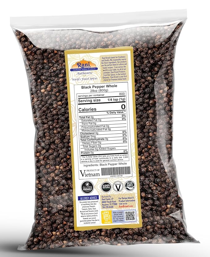 Rani Black Pepper Whole (Peppercorns), Premium MG-1 Grade 28oz (1.75lbs) 800g ~ All Natural | Gluten Friendly | Non-GMO | Kosher | Product of Vietnam | Perfect size for Grinders!