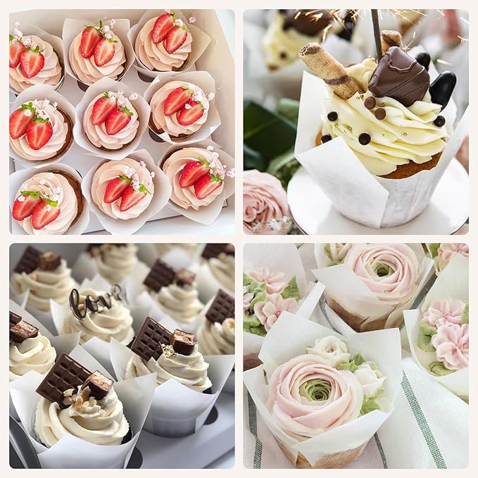 200pcs White Tulip Cupcake Liners for Baking Cups, Premium Parchment paper Tulip Muffin Liners, Greaseproof Cupcake Wrapper for Party, Christmas by JIRNGLA