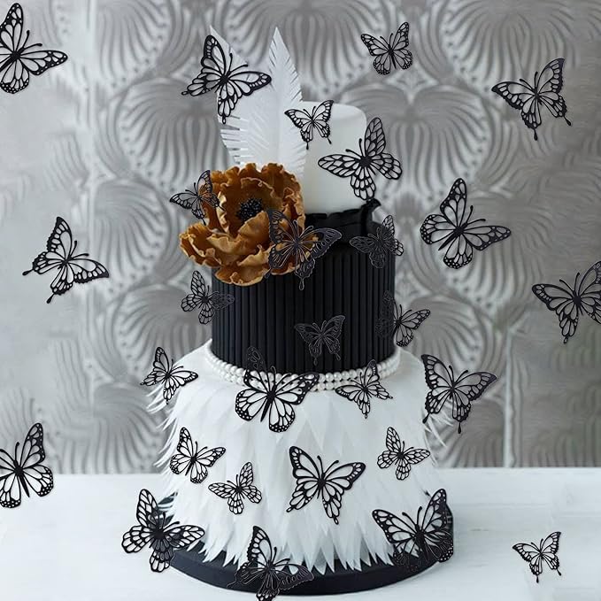 40 PCS Laser 3D Butterfly Cupcake Toppers Hollow Arts Cake Decorations for Baby Shower Wedding Fairy Birthday Party Supplies Wall Sticker Decoration Mixed Styles Black