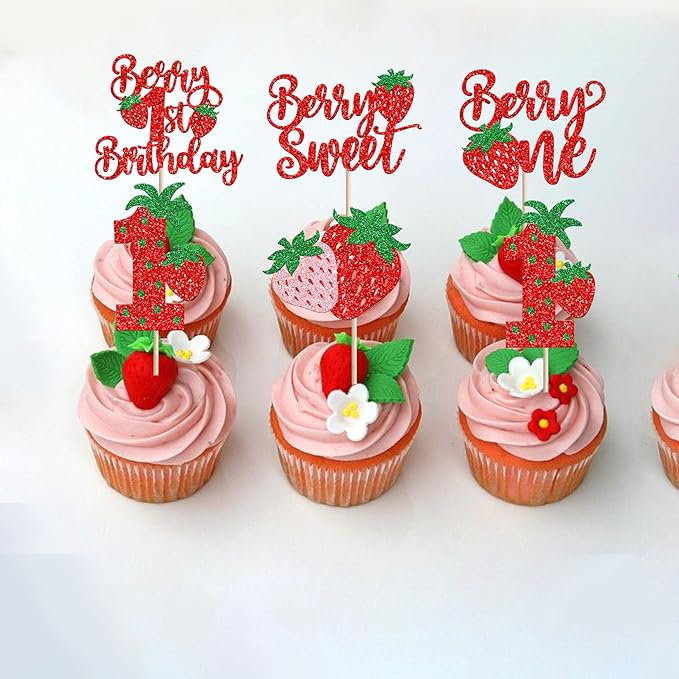 30 Pack Sweet One Cupcake Toppers Glitter First Birthday Strawberry Cupcake Picks for Fruit Baby Shower 1st Birthday Berry One Sweet Cake Decorations Party Supplies Red