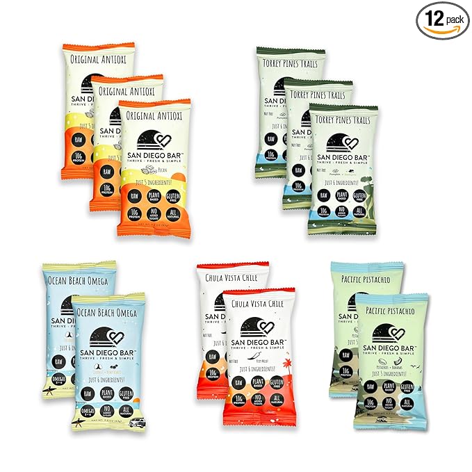 San Diego Bar | Raw, Vegan, Gluten & Soy Free Nutrition Meal Bar with No Added Sugars - 10g Protein from Only 6 All Natural Whole Food Ingredients. (2.22 Oz Energy Bars, Variety 12 Pack)