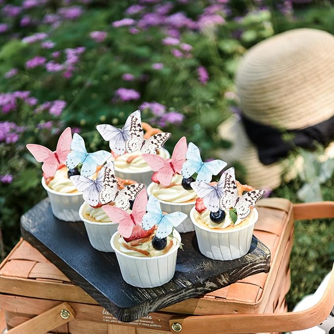 48 PCS Edible Butterfly Cupcake Toppers Colorful Wafer Paper Butterflies Cake Decorations Edible Butterfly Cupcake Picks for Butterfly Theme Baby Shower Wedding Birthday Party Decorations Supplies