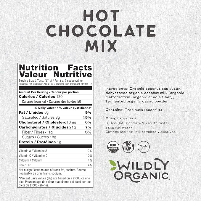 Wildly Organic Hot Chocolate Mix - 16 Oz, 1 lb Bag - Organic, Vegan, Raw Cacao, Fair Trade, Dairy-Free, Gluten-Free - 3 Ingredients: Cacao, Coconut Sugar, Coconut Milk Powder