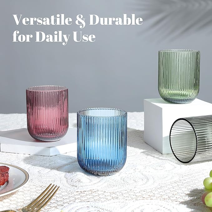 Joeyan Vintage Small Drinking Glasses,Ribbed Colored Water Cocktail Tumblers Cups,Beer Wine Juice Milk Beverages Glassware,9 oz,Set of 4,Dishwasher Safe