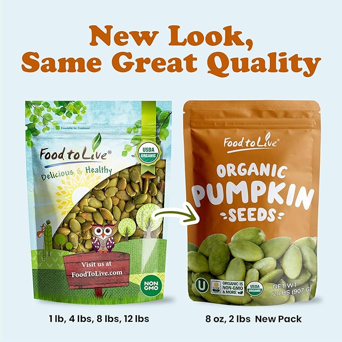 Food to Live Organic Dry Roasted Pumpkin Seed Kernels with Himalayan Salt, 8 Ounces Non-GMO, Oven Roasted Whole Pepitas, No Oil Added, Shelled, Vegan, Kosher, Bulk