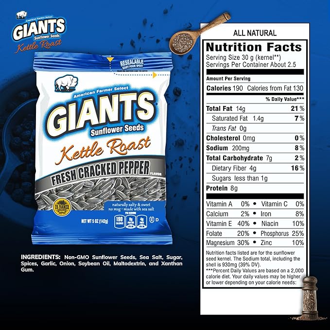 GIANTS Kettle Roast Fresh Cracked Pepper Sunflower Seeds - Sunflower Seeds Bulk, Roasted Sunflower Seeds to Eat, Healthy Snack, 8g Protein Per Serving - 5 oz Resealable Bags (Pack of 3)