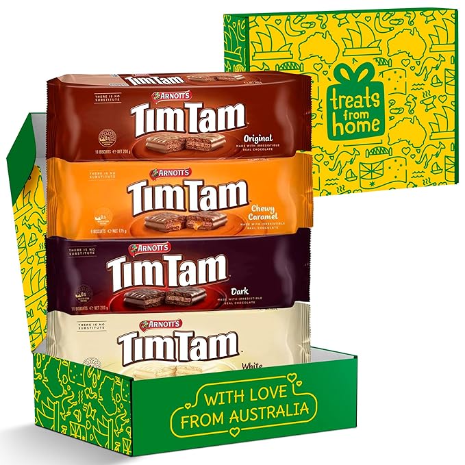 Tim Tam Cookies Gift, Snack Box, Australian Cookies Variety Pack with Chocolate Filling, 4 Pack Full of Original, Dark, Caramel & White Flavors - Perfect Cookie Gift