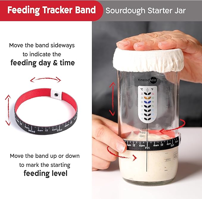Sourdough Starter Jar With Date Marked Feeding Band, Thermometer, Sourdough Jar Scraper, Sourdough Container Sewn Cloth Cover & Metal Lid, Sourdough Starter Kit (2 Pack)