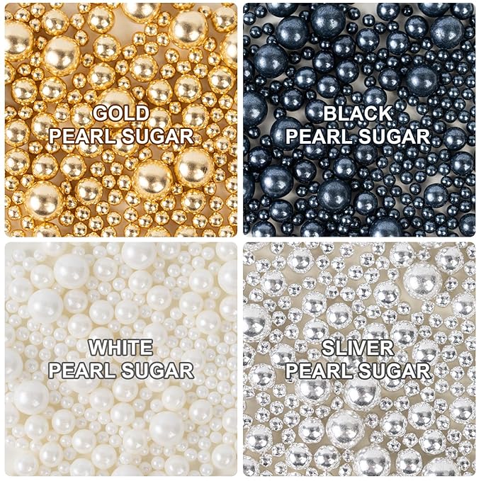 Sprinkles for Cake Decorating, Gold Silver White and Black Pearl Sugar Sprinkles Mix for Cookie Baking Ice Cream Cupcake Topping