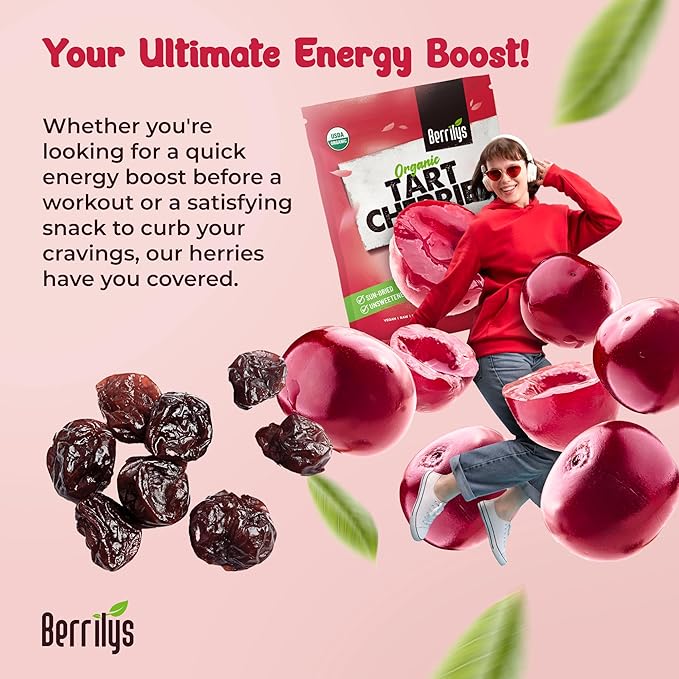 Berrilys Organic Unsweetened Dried Tart Cherries 1 lb, (16 oz) - No Sugar Added, Perfect for Baking, Snacking & Salads - Unsweetened - Non-GMO, Vegan, Cherries for Healthy Living