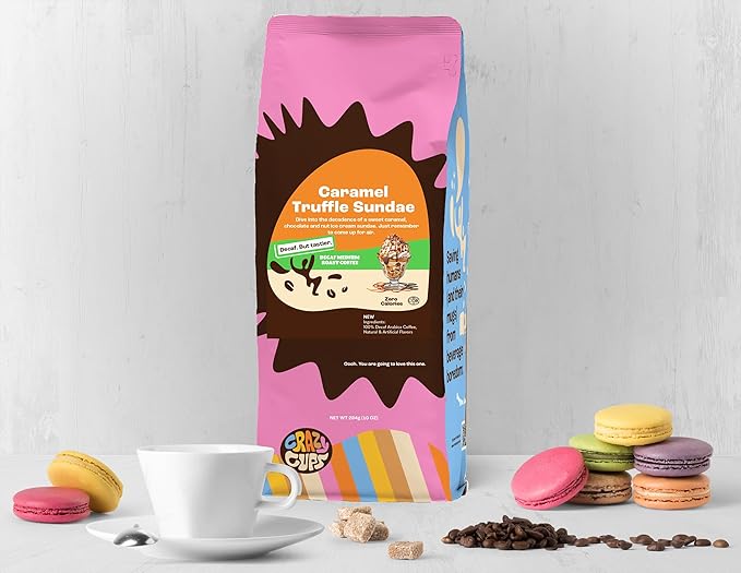 Crazy Cups Decaf Flavored Ground Coffee, Decaffeinated Caramel Truffle Sundae Coffee, For Brewing Flavored Hot or Iced Decaf Caramel Coffee, 10oz