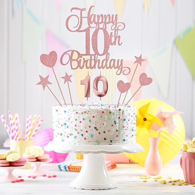 10th Birthday Cake Decorations, 10th Birthday Candles Cake Numeral Candles and Glitter Happy 10th Birthday Cake Toppers Set for Birthday Party Supplies (Rose Gold)