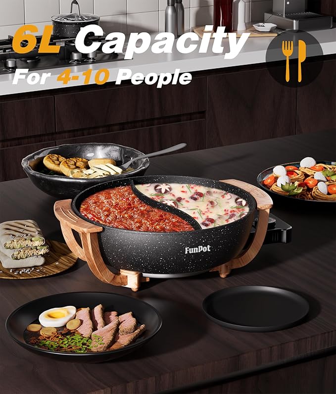 5-Temp Electric Hot Pot with Wood Grain Handles, 6L Family Size, 1100W Rapid Heating, PTFE Non-Stick Coating & Dry-Burn Protection, Dual Divider for Hot & Mild Broths
