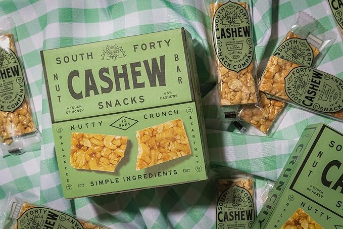 South 40 Snacks Crunchy Cashew Bar, Just 4 Ingredients, Touch of Honey (40g Bar, Pack of 12)