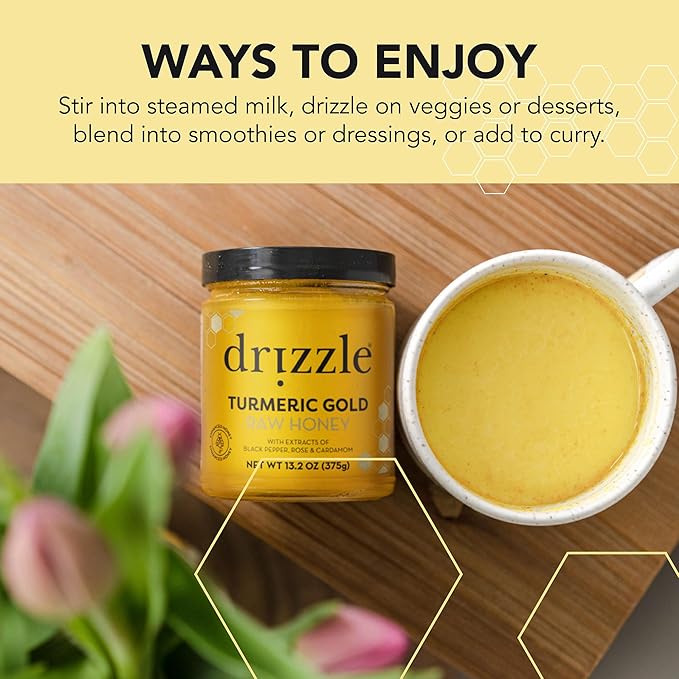 Drizzle Turmeric Gold Raw Honey - All Natural Pure Raw Honey with Organic Turmeric, Unfiltered, Use in Tea, Golden Milk, & Coffee, Sugar Substitute, Certified Kosher - 13.2 oz Jar (375 g)