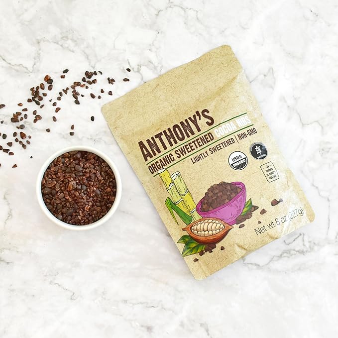 Anthony's Organic Sweetened Cocoa Cacao Nibs, 8 ounce, Gluten Free, Non-GMO, Non-Irradiated, Sweetened with Cane Sugar