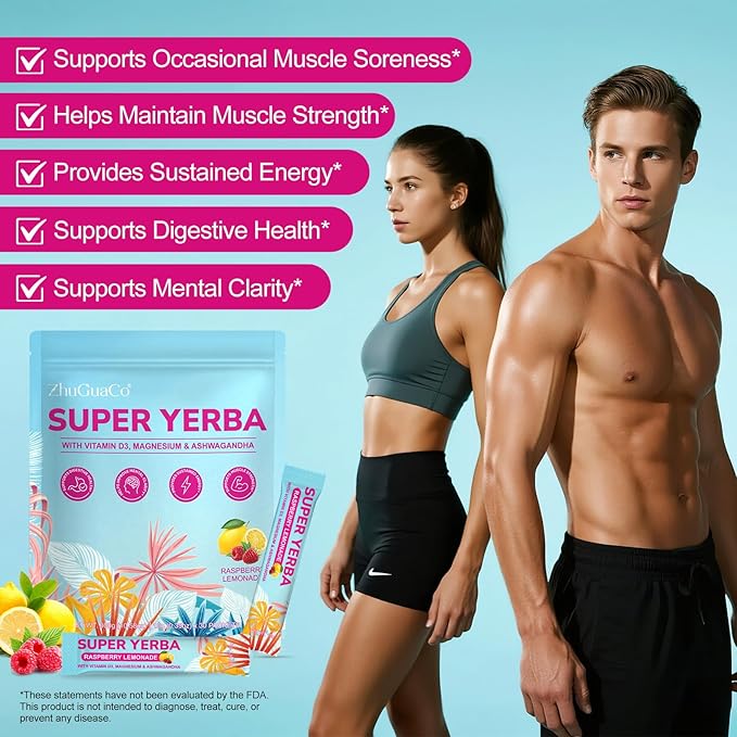 Yerba Mate Instant Tea Powder | Super Yerba Mate Tea for Energy Support & Gut Health - Ashwagandha, Lion?™s Mane, L-Theanine, Raspberry Lemonade Flavor, Hot or Cold Drink (10.58 oz, 30 Servings)