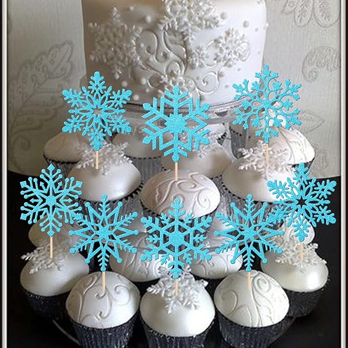 36 PCS Snowflake Cupcake Toppers Glitter Winter Frozen Theme Snowflake Cupcake Picks Winter Wonderland Cake Decorations for Baby Shower Kids Birthday Christmas Party Supplies Blue