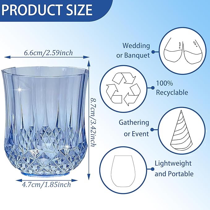 12 PCS Blue Stemless Wine Glasses,Plastic Reusable Cups 9OZ Vintage Drinking Glasses Tumblers for Whisky, Beer, Juice, Beverages, Cocktai