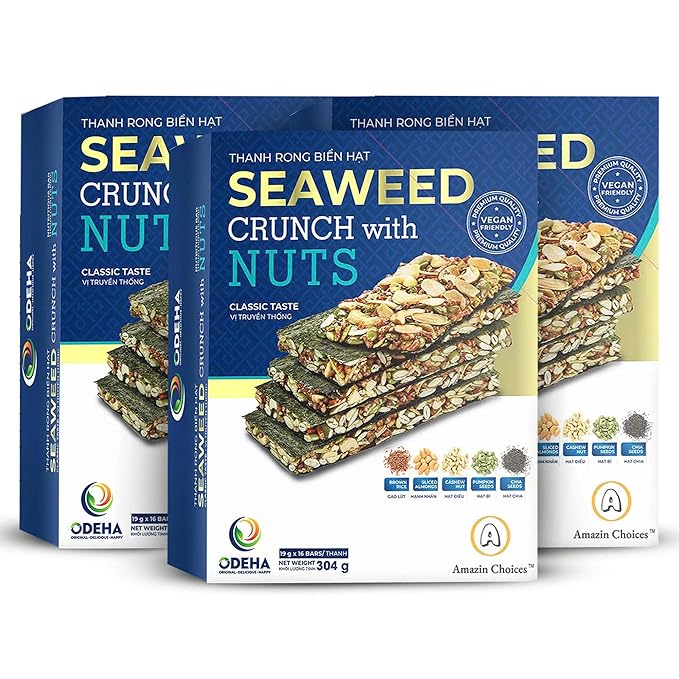 Seaweed Crunch with Nuts Classic Taste. Seaweed Snack Bars with Cashews, Almonds & Pumpkin Seeds by Amazin Choices. Premium Snack, Vegan, Snack Strips, Asian Chips Variety Pack, Seaweed Sheets, Sandwich Seaweed - 32.1oz - Box of 3 (48 counts )