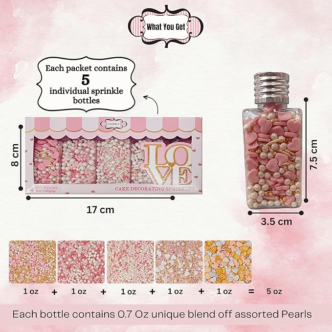 Confect Pink, Silver, Gold & White Pearl Sprinkles Mix ??Edible Baking Decorations for Cakes, Cupcakes, Cookies ??Valentine?셲 & Celebration Sprinkle Set ??Pack of 5 - Vegan, Gluten-Free, Nut-Free, Soy-Free, Dairy-Free, Palm Oil-Free -5 Oz