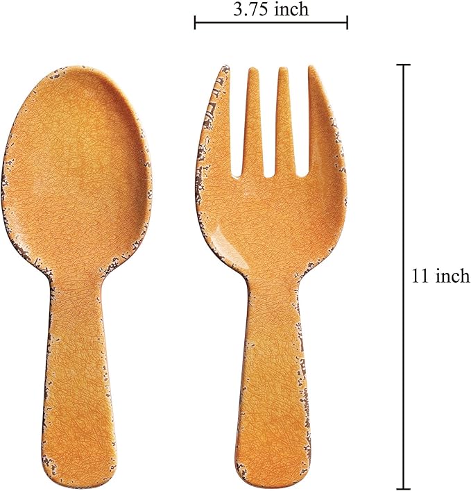 UPware Crackle Melamine Salad Servers, Serving Utensil Set, Includes Serving Fork and Spoon for Tossing Salad, Pasta, Orange, 10.75 Inch, Set of 2