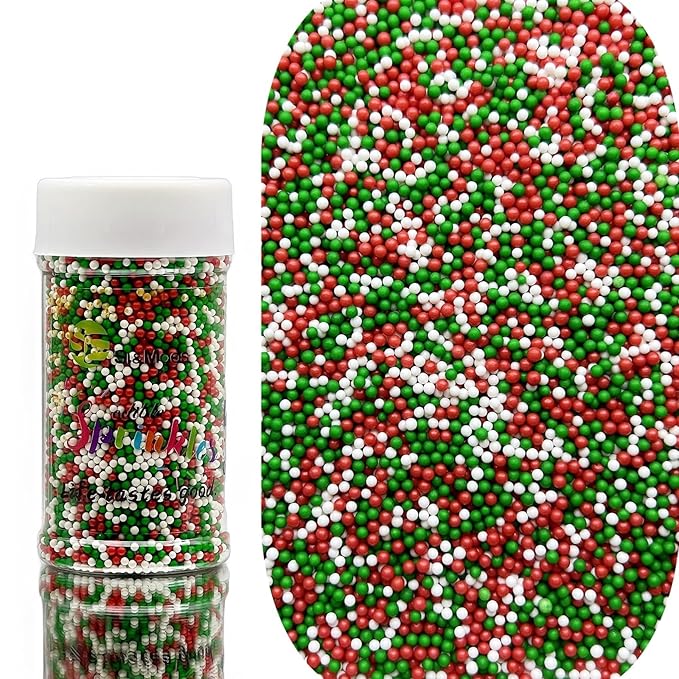 SE Si&Moos Nonpareil Sprinkles, 2mm Red Green White Mini Edible Pearls Red Green and White Sprinkles for Cake Decorating Christmas Cookie Decorations Wedding Shower Party Christmas Holiday Supplies 3.5 OZ