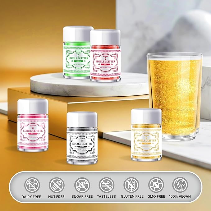 Edible Glitter for Drinks ??5 Colors Luster Dust, Food Grade Cocktail Shimmer Powder for Cakes, Beverages, Chocolate & Candy, 5g/Bottle