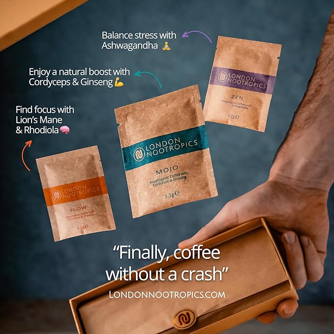 London Nootropics - Mushroom Coffee Box - Flow & Mojo Adaptogenic Mushroom Coffee - 12 Sachets