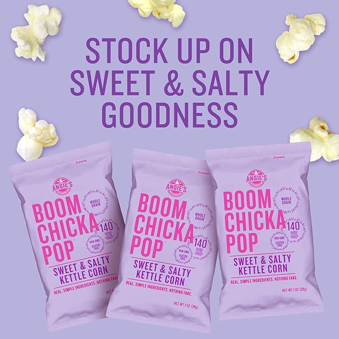 Angie's BOOMCHICKAPOP Sweet & Salty Kettle Corn Popcorn, Lunchbox Snack, 1 oz. Individual Bag (Pack of 24)