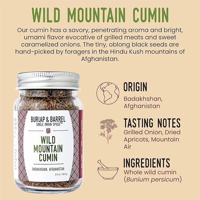 Burlap & Barrel Wild Mountain Cumin ??Savory, Aromatic, and Bright Umami Flavor ??Whole & Ground Cumin Seeds ??As Seen On Shark Tank - 1.8oz Glass Jar