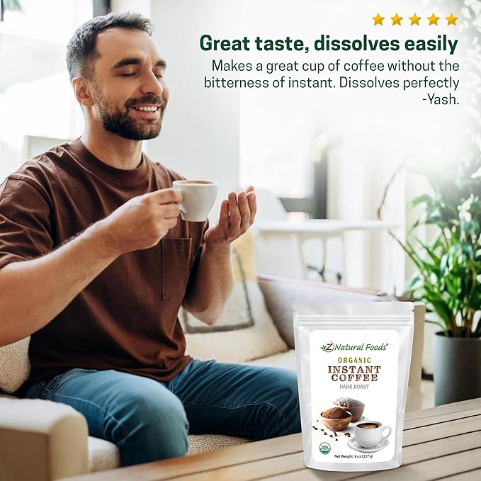 Z Natural Foods Organic Instant Coffee Powder - Rich Dark Roast Flavor, Arabica Instant Espresso Powder with Antioxidants to Boost Energy, Mood & Focus - Gourmet Coffee in Resealable Bag, 8 oz
