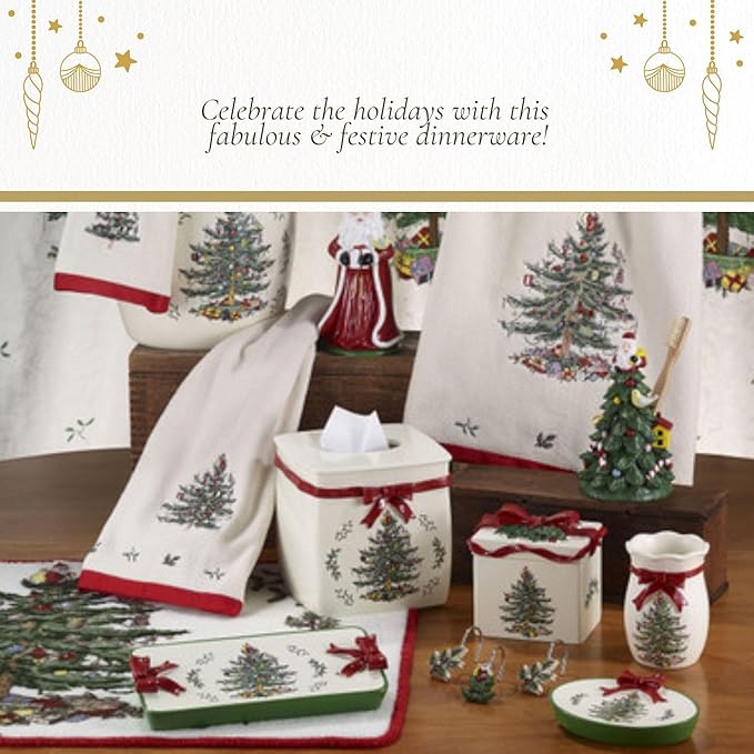 Spode Christmas Tree Ribbons Square Platter with Bow Handles - 11-Inch Holiday Serving Plate for Desserts, Appetizers, and Treats - Festive Christmas Dinnerware with Gold Accents - Dishwasher Safe