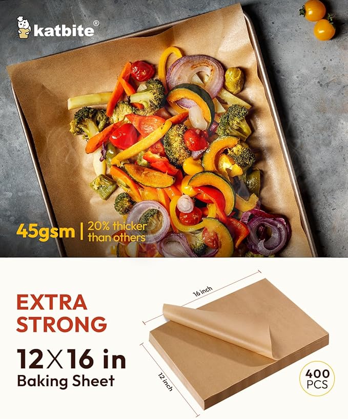 Katbite 400PCS Unbleached Parchment Paper Sheets, 12 x 16 IN Pre-Cut Baking Parchment, Heavy Duty Non-Stick Baking Paper for Half Sheet Cookie Bread Cake Pans, Grilling Meat Pizza,Oven,Air Fryer
