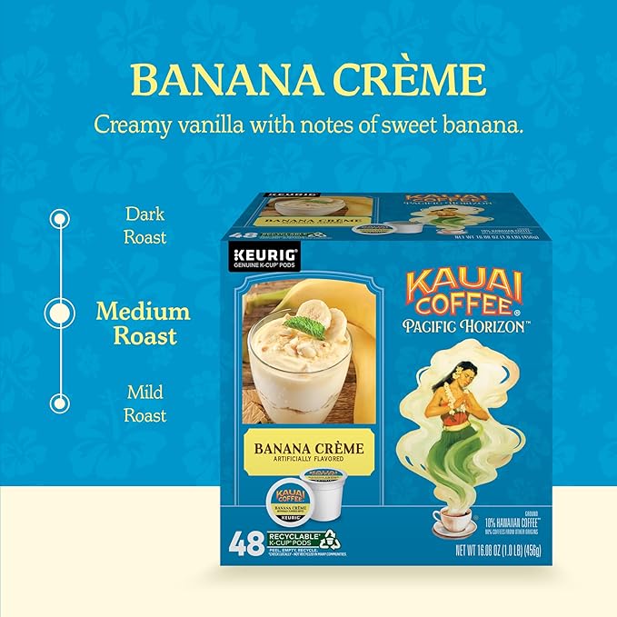 Kauai Coffee K-Cup Pods for Keurig Brewers – Arabica Coffee, 10% Hawaiian – Medium Roast, Banana Flavor with Creamy Vanilla – Banana Crème, 1 Pack of 48 Single Serve K-Cups