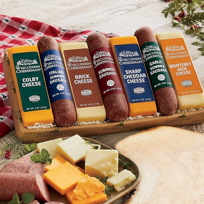 The Wisconsin Cheeseman Meat and Cheese Combo - Featuring Italian, Original and Garlic Summer Sausages, Colby, Brick, Sharp Cheddar, and Monterey Charcuterie Boards, Charcuterie Gift Basket Set