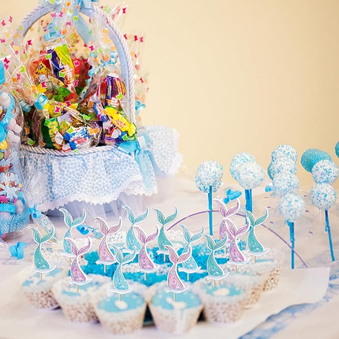 40 Pack Mermaid Cupcake Toppers Under the Sea Mermaid Tail Cupcake Picks for Summer Ocean Sea Animal Theme Baby Shower Kids Birthday Party Cake Decorations Supplies