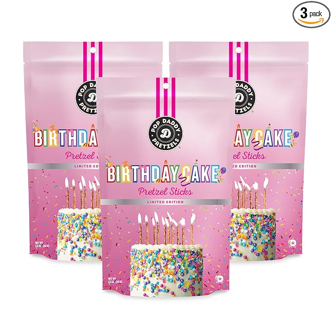 Pop Daddy Pretzels Sticks, Healthy Gourmet Flavored Pretzels Snacks, 7.5oz Individual Bags, 3 Pack, Birthday Cake