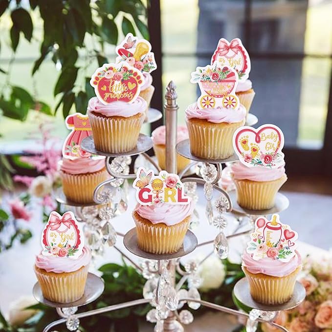 40Cyodoos 40Pcs Edible Pink Rose Gold Baby Shower Cupcake Toppers for Girls Floral It's a Girl Gender Reveal Party Girl Birthday Party Supplies