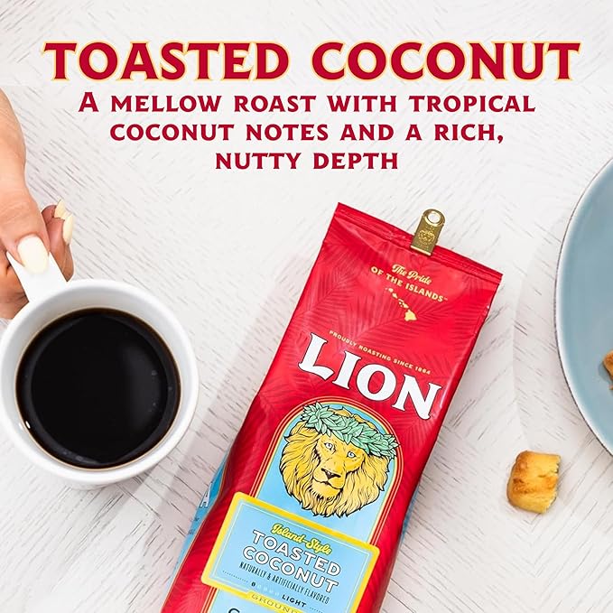 Lion Coffee, Arabica Coffee Beans, Light Roast, Premium Ground Coffee, Toasted Coconut Flavor, A Taste of Aloha, 10 Ounce Bag