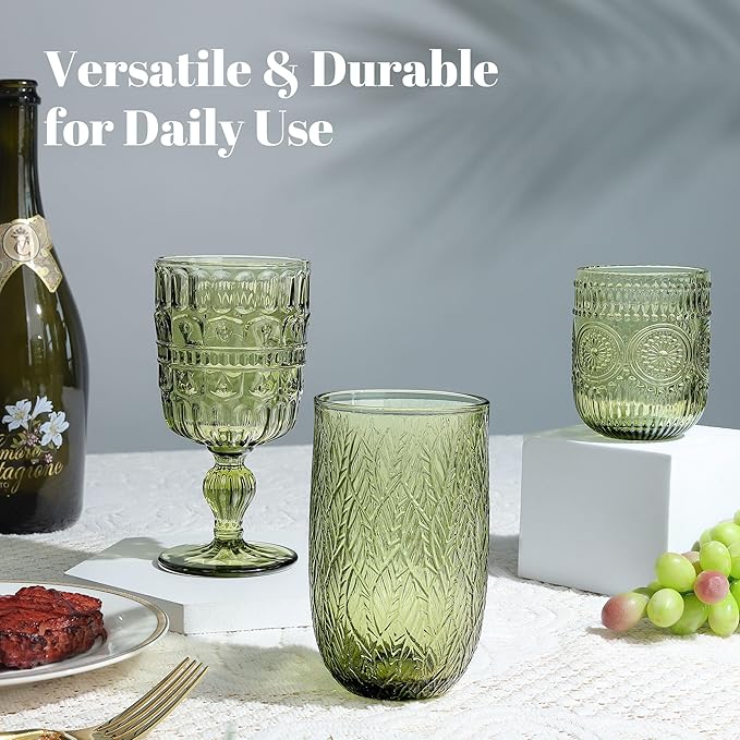 Joeyan Vintage Drinking Glasses Set of 4,9 oz Green Embossed Sunflower Small Water Glass Tumbler Cups,Colored Romantic Beaded Glassware for Beverages Cocktail Juice Wine,Dishwasher Safe