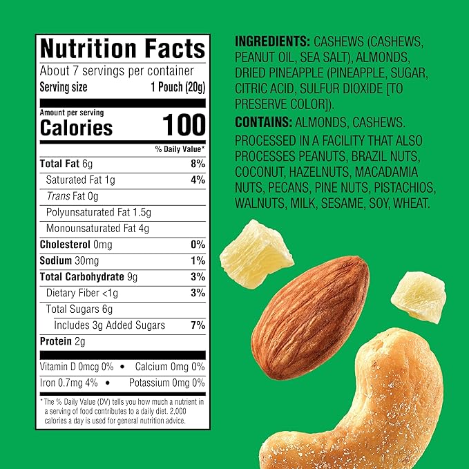 Emerald Nuts Cashews and Almonds with Dried Pineapple 7 Ct (1-Pack), 100-Calorie Individual Packs of Mixed Nut Blend and Dried Fruit