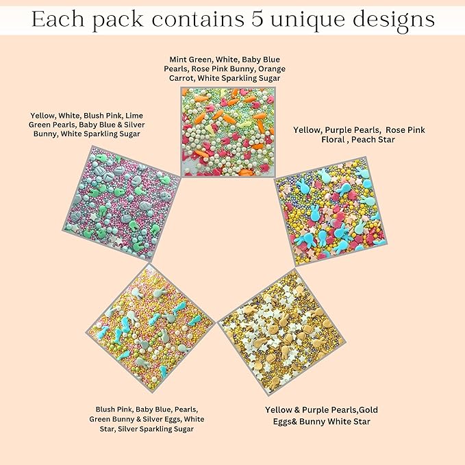 Confect Easter Sprinkles Edible | Assorted pack of 5 Parrot Green, Yellow, Pink, White and Silver Pearls & Stars I Cookies, Desserts & cupcake Decorating | Edible Sprinkles Mix for Baking & Cake