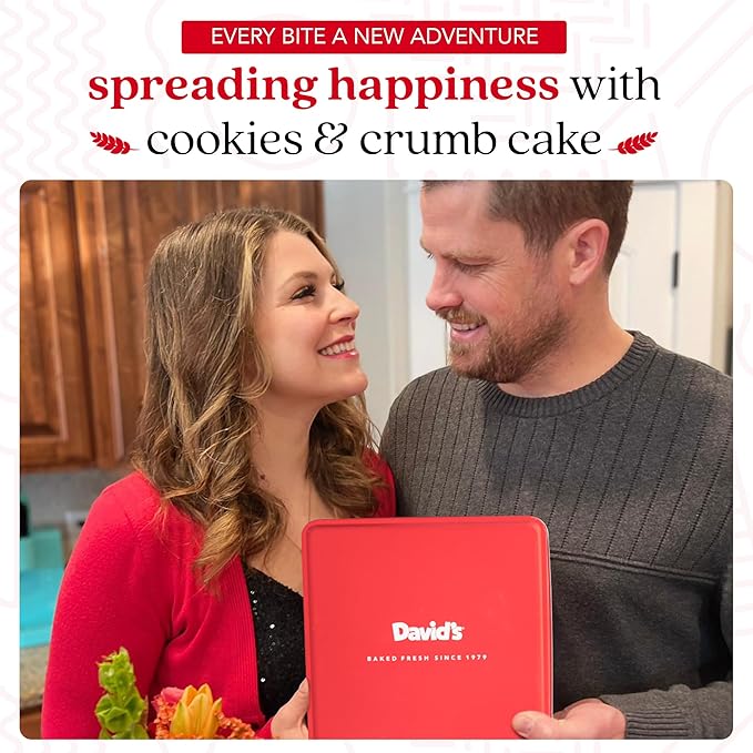 David's Cookies Assorted Fresh Baked Cookies & Crumb Cake Tin - 1Lb Assorted Cookies + 8 Individually Wrapped Crumb Cakes With Raspberry & Original Butter Flavors ??Delicious Gourmet Food Gift For All